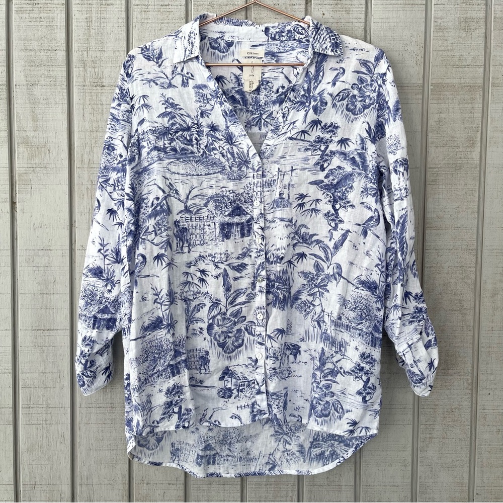 Joie White Blue Printed Linen Button Down Shirt Small Coastal